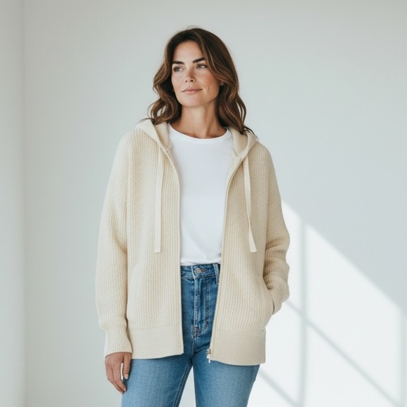 Camaïeu Sweaters - Camaïeu Cream Knit Zip Hoodie